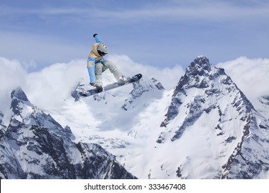 Flying Snowboarder On Mountains, Extreme Winter Sport