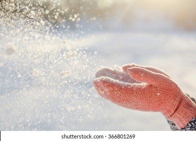 Flying Snowflakes. Blowing Snow in frosty winter Park on Sunny day. Joyful
