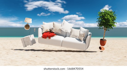 Flying Sofa And Furniture In Weightlessness At The Beach