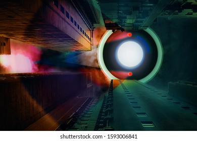 Flying spying camera lens scans urban terrain. Concept of cybersecurity or privacy protection. Low angle view on sky raising buildings with eye-like flying object