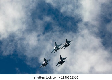 Flying Sukhoi Squadron during Novosibirsk Airshow 2018 on August, 5.  - Shutterstock ID 1150832318