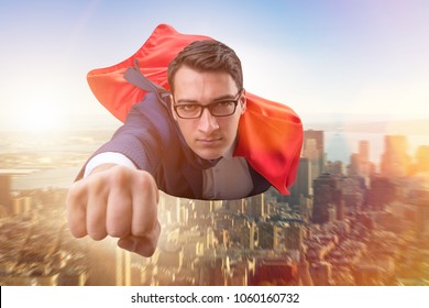 Flying Super Hero Over The City 