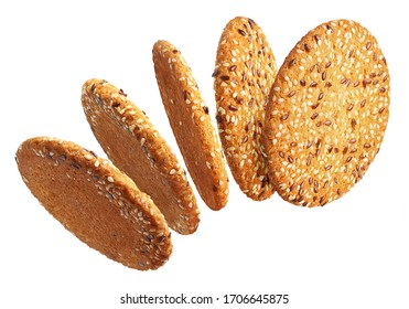 Flying Tasty Oatmeal Cookies, Isolated On White Background