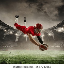 Flying through air, football player dives toward end zone, determined to score, arms outstretched as he reaches for ball. 3D render of stadium. Concept of sport, tournament, competition, game event