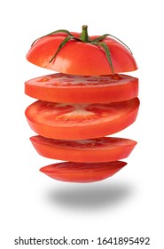 Flying Tomato Sliced Red Apple Isolated On White Background