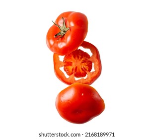 Flying tomato slices on a white background. Levitation of fresh red tomato slices. Isolated. - Shutterstock ID 2168189971
