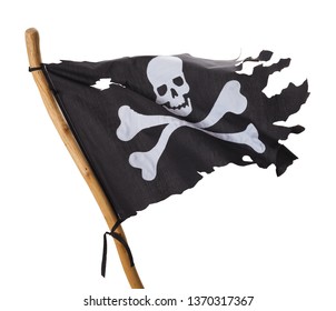 Flying Torn Pirate Flag Isolated on White Background.