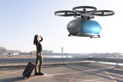Flying Transportation Drone Picking Up A Passenger