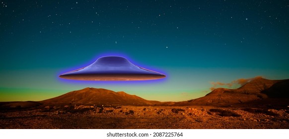 Flying UFO In Desert At Night