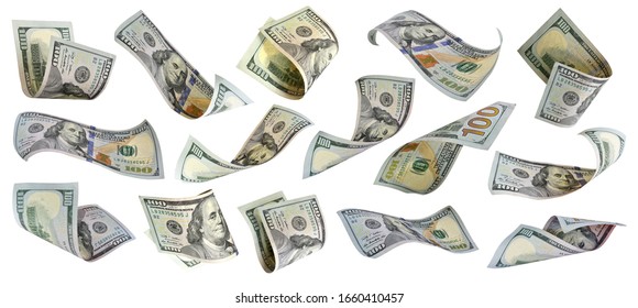 Flying US hundred dollars collection Benjamin Franklin on 100 dollar bank note isolated on white background. This has clipping path. 