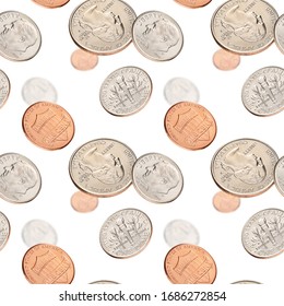 Flying With US Penny, Dime, Quarter, Coins On White Background. Seamless Pattern.