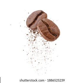 Flying whirl roasted coffee beans in the air with coffee powder studio shot isolated on white background, Healthy products by organic natural ingredients concept - Shutterstock ID 1886525239