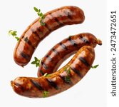 Flying whole grilled sausages with herbs and spices. isolated on white background. hot dog Delicious grilled sausages and vegetables floating in air. Grilled sausages isolated.
