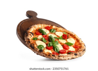 Flying wooden board with tasty pizza margarita on white background - Powered by Shutterstock