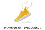 Flying yellow leather womens sneaker isolated on white background. Fashionable stylish sports casual shoes. Creative minimalistic layout with footwear. Mock up for design advertising for shoe store
