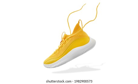 Flying yellow leather womens sneaker isolated on white background. Fashionable stylish sports casual shoes. Creative minimalistic layout with footwear. Mock up for design advertising for shoe store - Shutterstock ID 1982900573