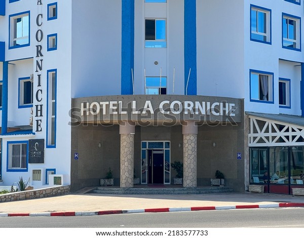 Fnideq, Morocco - July 23, 2022; The exterior of\
hotel La Corniche in\
Fnideq