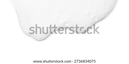 Foam border design, white foam isolated on white background, close up. Liquid soap, shampoo bubbles, Foam bubbles backdrop. Soap sud macro structure. Clean, cleaning, washing. Top view. 