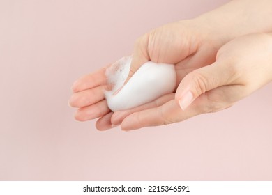 Foam Face Wash Texture, Soap, Shampoo, Cleanser Mousse In Female Hands