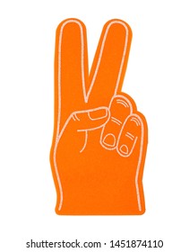 Foam Hand Peace Sign Isolated On White.