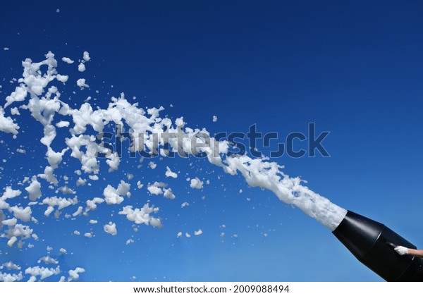 A foam party, a foam cannon against\
the blue sky. Man ejaculation. Explosion of\
sperm.