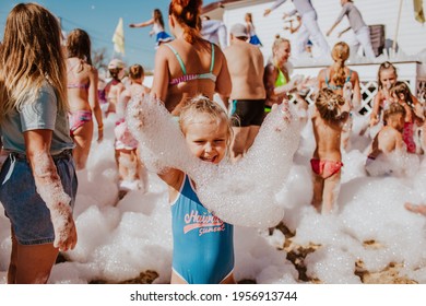 Foam Party On Summer Beach. People Dancing And Having Fun On The Hotel. Anapa City. Russia. 1 Of August 2020.