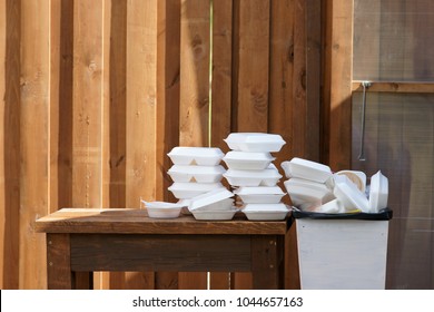 Foam And Plastic Food Container In The Bin 