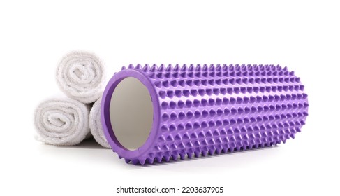 Foam Roller And Towels On White Background