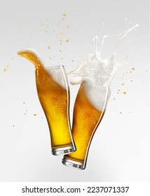 Foam splashes. Two glasses with lager foamy beer isolated over grey background. Traditional taste. Concept of alcohol, oktoberfest, drinks, holidays and festivals. Copy space for ad.