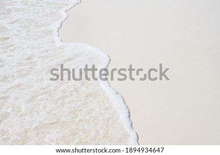 Foam wave and white sand on the beach. Sea wave on sand beach photo background. Coral beach sand with sea wave. White sand of oceanic coastline. Exotic island seaside banner with place for text.
