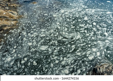 Foamy bubble patterns on the surface of the water at the seashore 