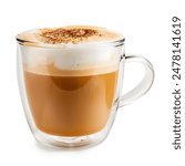 Foamy coffee cappuccino with whipped milk cap in double glass mug isolated on white background.
