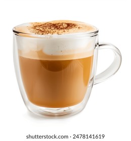 Foamy coffee cappuccino with whipped milk cap in double glass mug isolated on white background.
