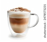 Foamy coffee cappuccino with wiped milk and coco powder on top, in double glass mug isolated on white background.
