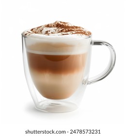 Foamy coffee cappuccino with wiped milk and coco powder on top, in double glass mug isolated on white background.
