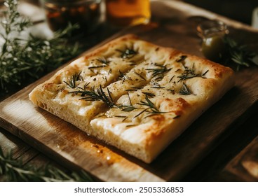 Focaccia bread topped with fresh rosemary and drizzled with olive oil, presented in a high-quality food photograph, showcasing a close-up view of the texture and ingredients. - Powered by Shutterstock