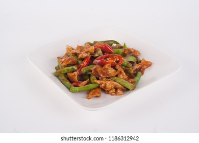 Focal Focus Of Thai Dish Stir Fried Pork Belly With Red Curry Paste And Sting Beans, Tasty And Spicy Famous Icon. Meat Can Be Seafood, Pork, Chicken, Beef Depends On The Order And Favor