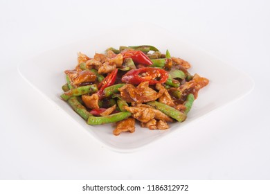 Focal Focus Of Thai Dish Stir Fried Pork Belly With Red Curry Paste And Sting Beans, Tasty And Spicy Famous Icon. Meat Can Be Seafood, Pork, Chicken, Beef Depends On The Order And Favor