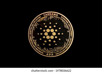 Focus of Cardano coin ADA, Symbol Cryptocurrency on black background isolate