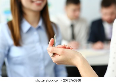 Focus On Beautiful Woman Arm Holding Writing Pen.