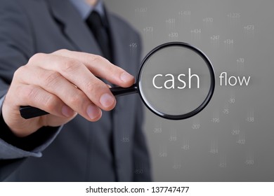 Focus On Cash Flow And Audit Of Accounts Concept. Businessman (auditor) Analyze Cash Flow. Positive Numbers Fly Up, Negative Numbers Fly Down. 