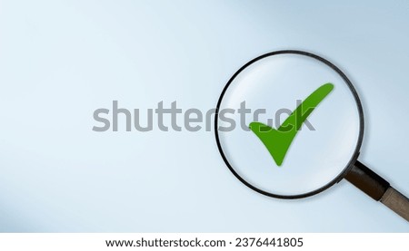 Focus on Check mark, Check Mark Sign, Tick Icon, right sign, green checkmark button. Focusing on right choice concept. On blue background. Banner. Copy space