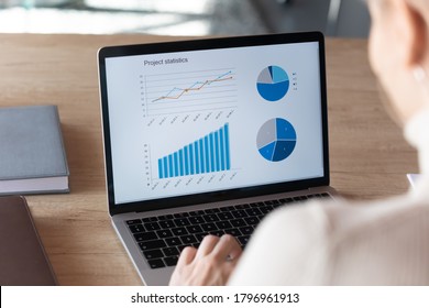 Focus on computer screen with increasing graphs and colorful charts of project financial statistics. Focused young businesswoman analyzing marketing strategy sales profitability, economics concept.