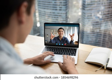 Focus On Computer Video Call Application Screen Happy Friendly Indian Ethnicity Businesswoman Holding Online Meeting With Colleague, Consulting Client Remotely Or Mentoring Employee Distantly.