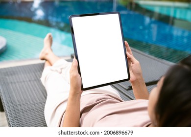 Focus On Female Hand Holding Digital Tablet White Screen Device