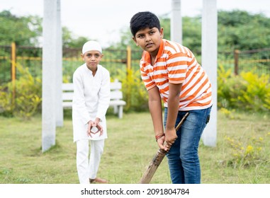 Focus On Front Kid Multiethnic Kids Playing Cricket At Park During Holiday Vacation - Concept Of Friendship, Diversity And Outdoor Activities.