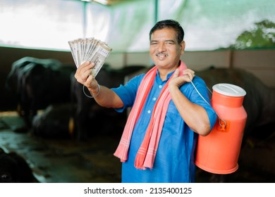 focus on notes, Milk production dairy famer with milk container in hand showing stack of money by looking at camera in front of livestock - concept of successful business, banking and profits