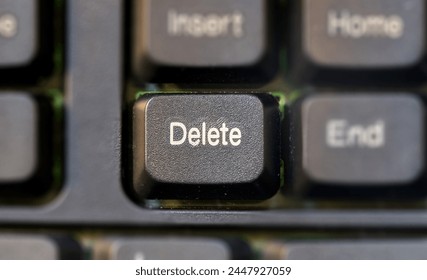Focus on a single Delete key on a laptop computer keyboard top down view from above, macro detail, extreme closeup, nobody. File deletion, deleting and removing digital data, removal abstract concept