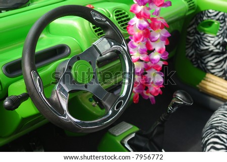 Focus on steering wheeel of an interior relooked car