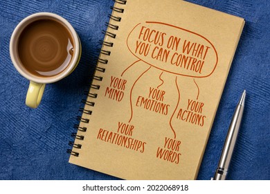 Focus On What You Can Control (your Mind, Words, Actions, Emotions And Relationships) Mind Map In A Spiral Sketchbook With A Cup Of Coffee, Personal Development Concept